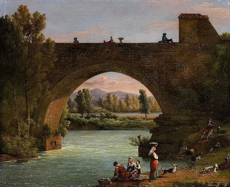 Grande ponte in pietra nel paesaggio fluviale italiano con figure